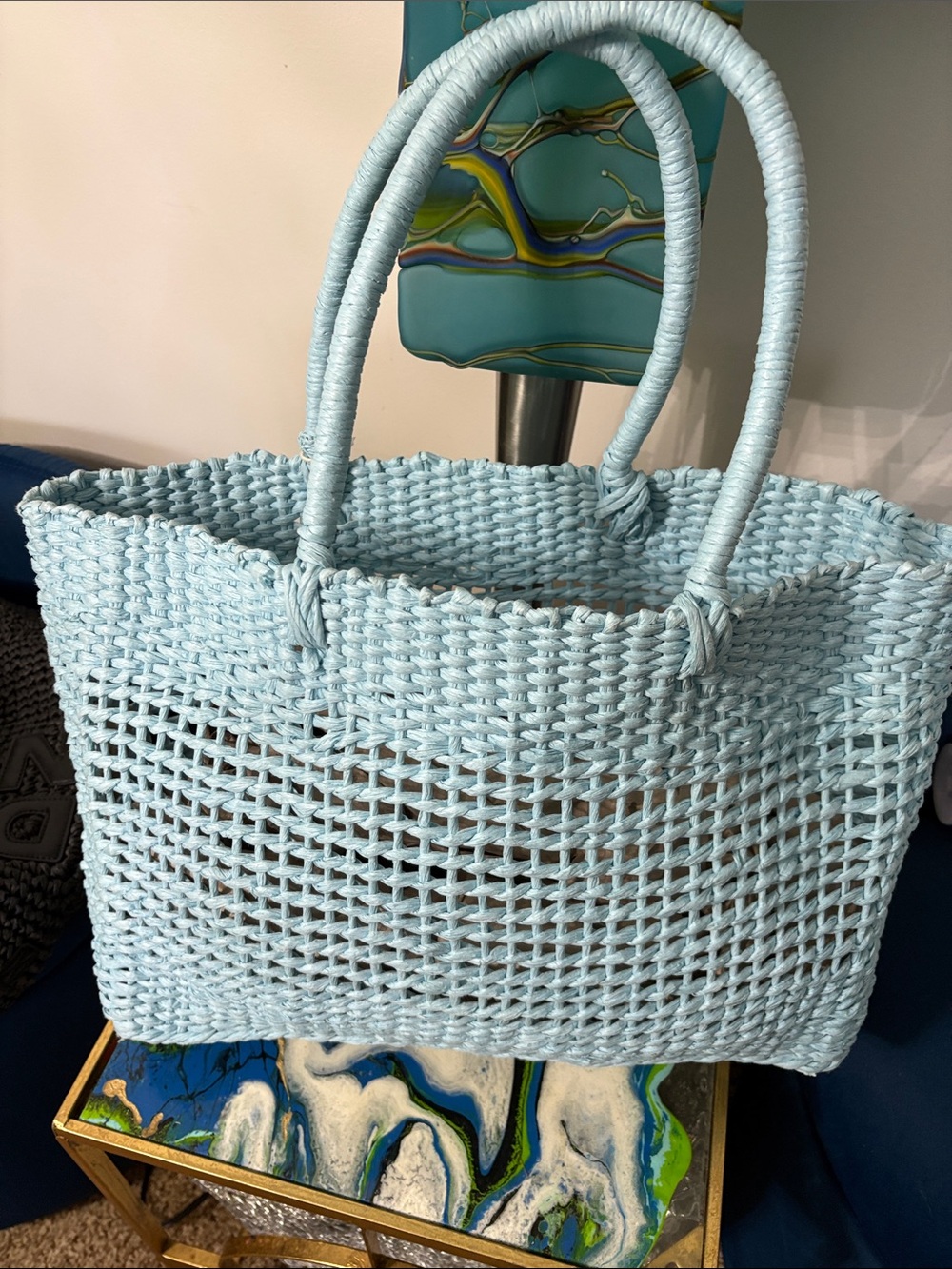 C&C California Pale Blue Woven Tote with Pom-Pom Charms - Picture 3 of 3